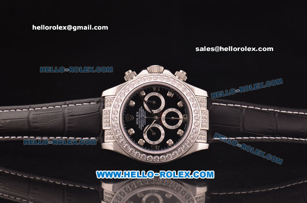 Rolex Daytona Oyster Perpetual Date Asia 3836 Automatic White with Diamond Case,Black Dial and Diamond Marking-Leather Strap - Click Image to Close